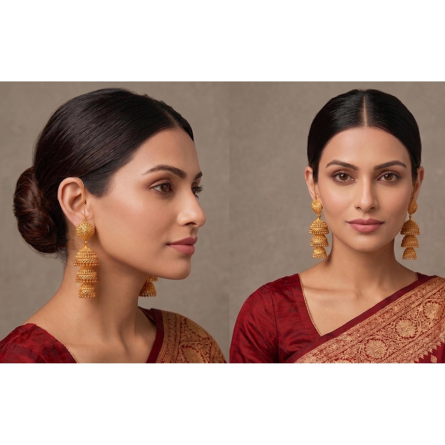 One Gram Gold Plated 3 Layer Jhumka Earrings Temple Style