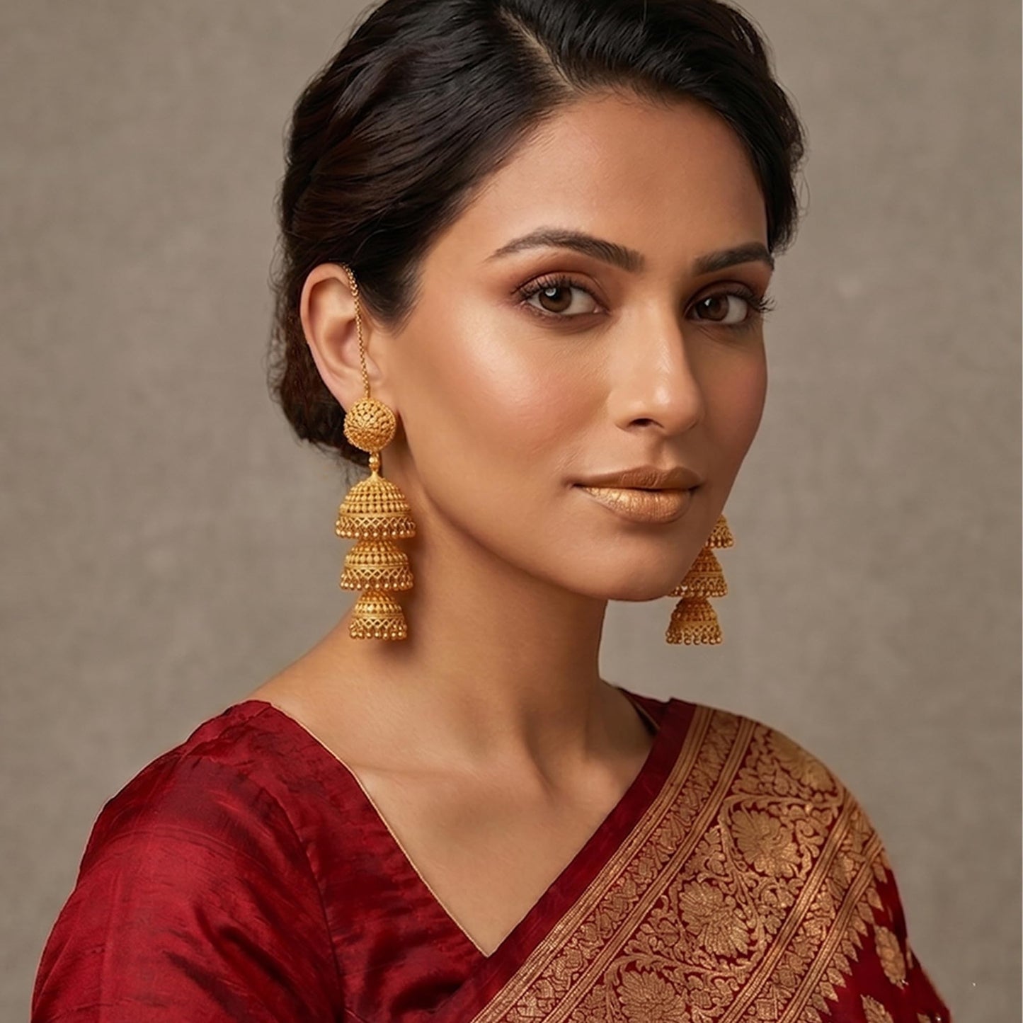 One Gram Gold Plated 3 Layer Jhumka Earrings Temple Style