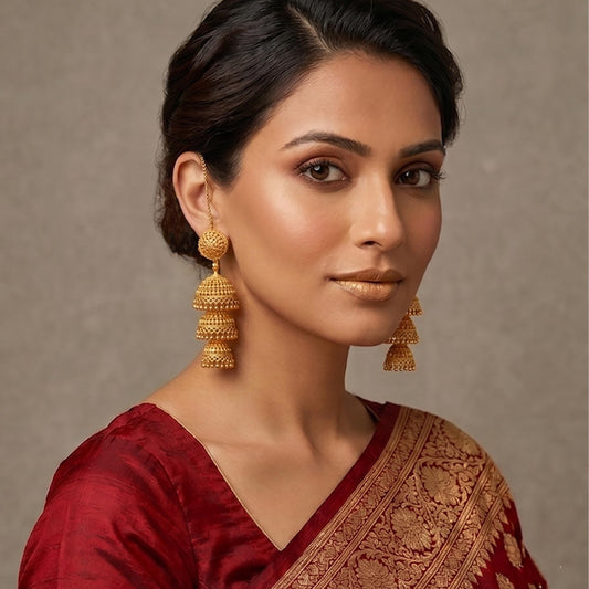 One Gram Gold Plated 3 Layer Jhumka Earrings Temple Style