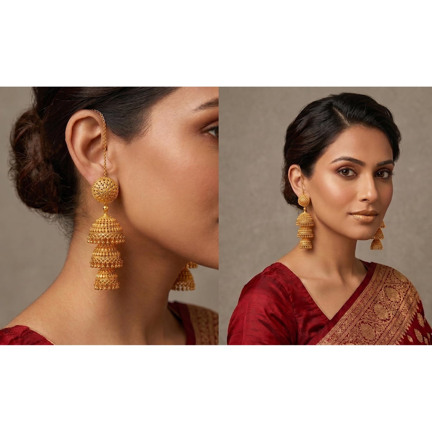 One Gram Gold Plated 3 Layer Jhumka Earrings Temple Style