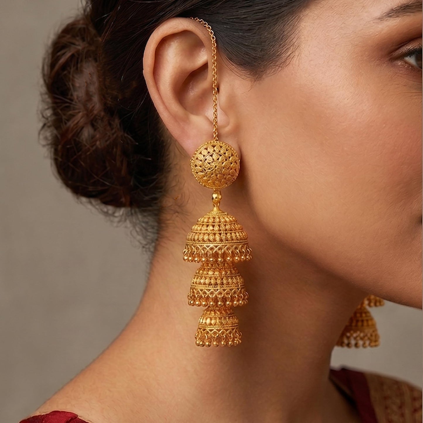 One Gram Gold Plated 3 Layer Jhumka Earrings Temple Style