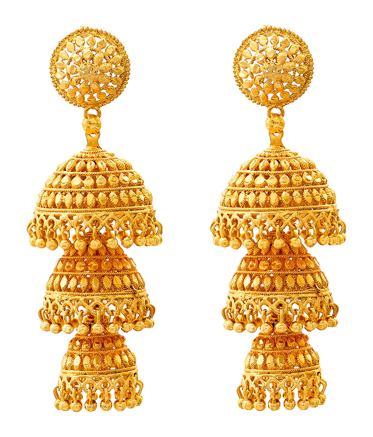 One Gram Gold Plated 3 Layer Jhumka Earrings Temple Style