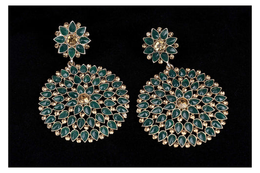 Floral Gold Plated Green Stone And Diamond Studded Dangler Earrings