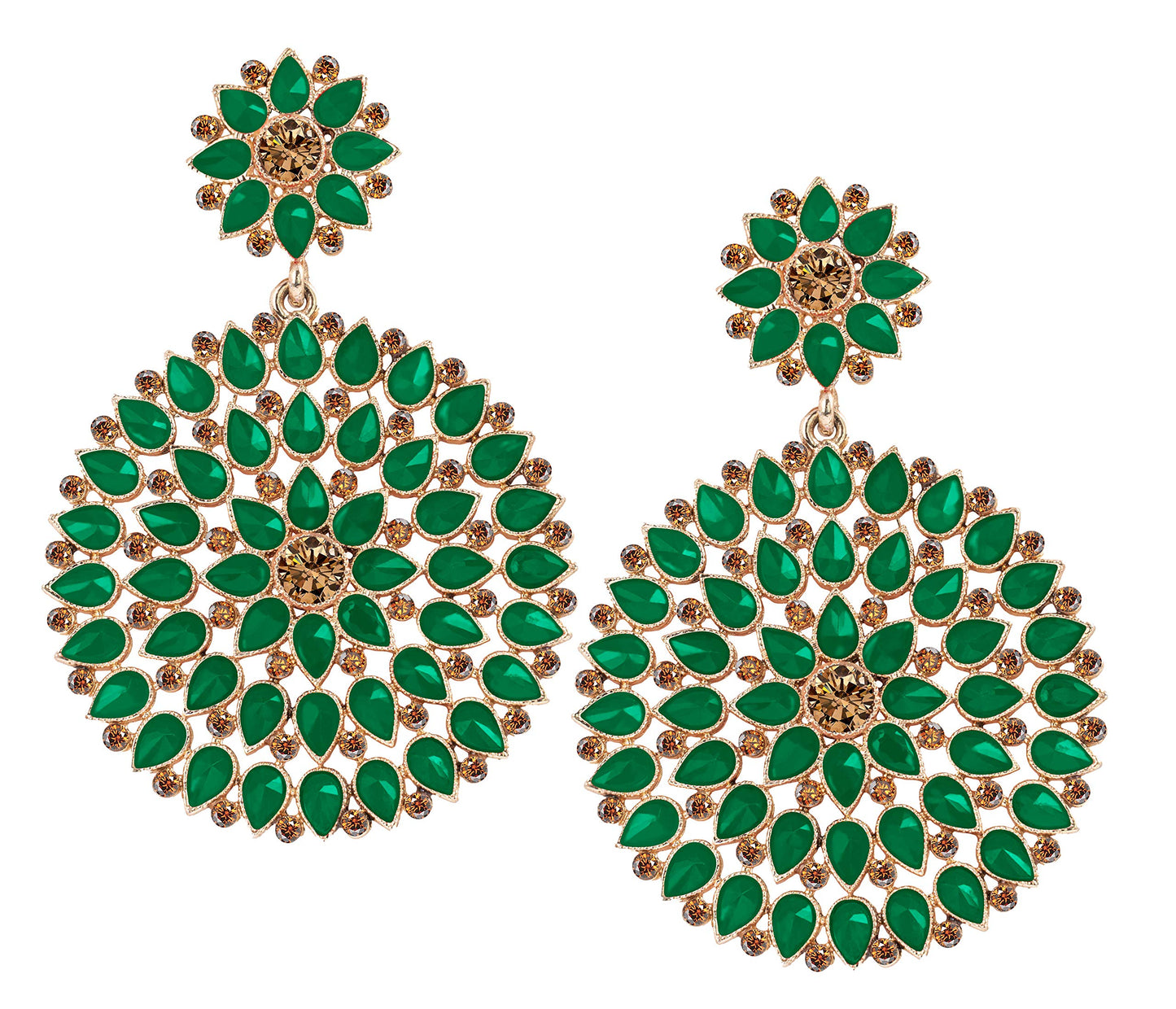 Floral Gold Plated Green Stone And Diamond Studded Dangler Earrings