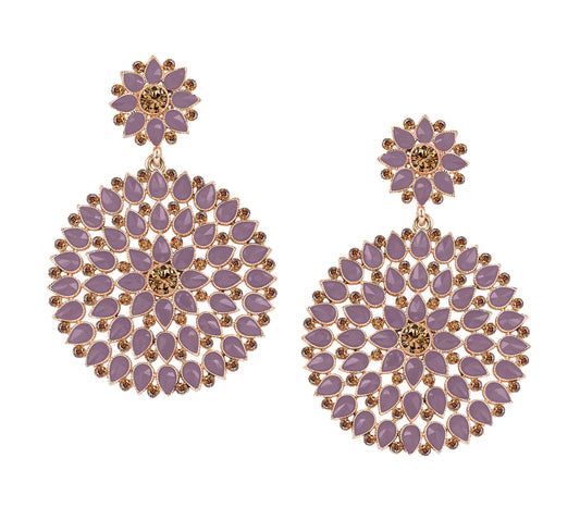 Floral Dangler Earrings – Gold-Plated with Lavender Stone & Diamond Accents