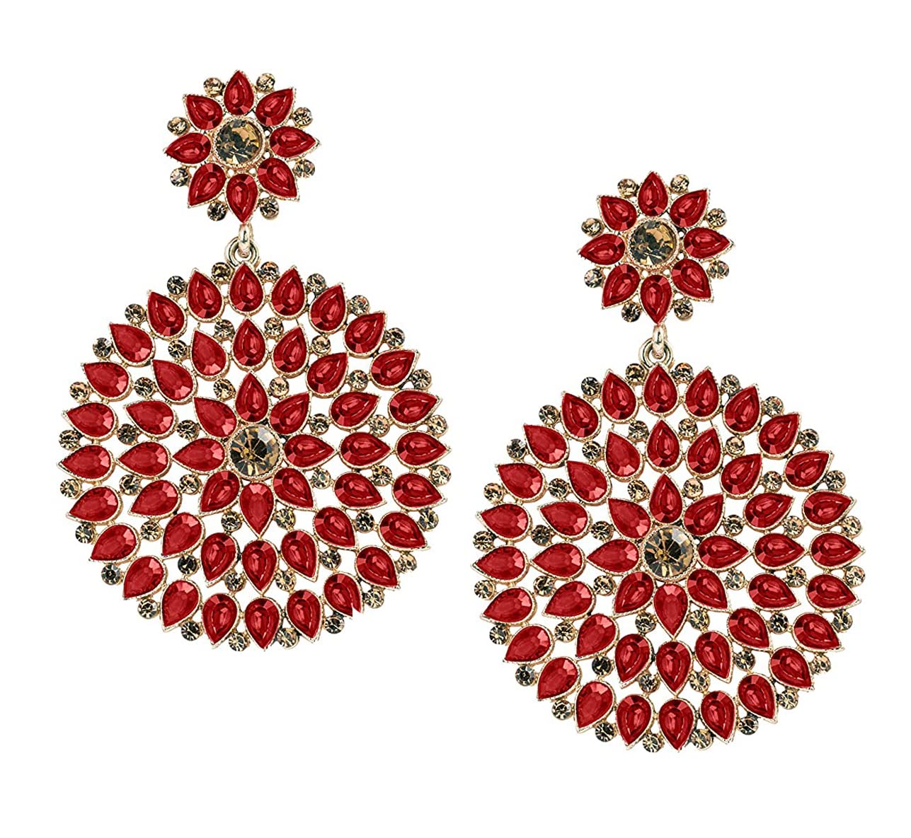 Floral Dangler Earrings – Gold-Plated with Red Stone & Diamond Accents