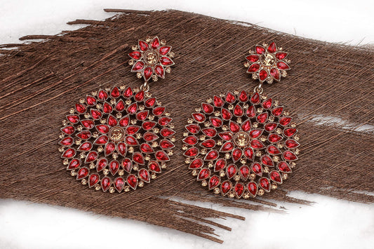 Floral Dangler Earrings – Gold-Plated with Red Stone & Diamond Accents