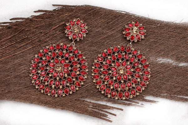 Floral Dangler Earrings – Gold-Plated with Red Stone & Diamond Accents