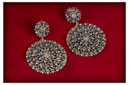 Floral Dangler Earrings – Gold-Plated with Rama Blue Stone & Diamond Accents