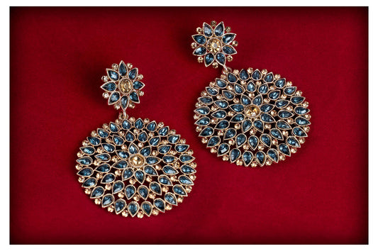 Floral Dangler Earrings – Gold-Plated with Rama Blue Stone & Diamond Accents