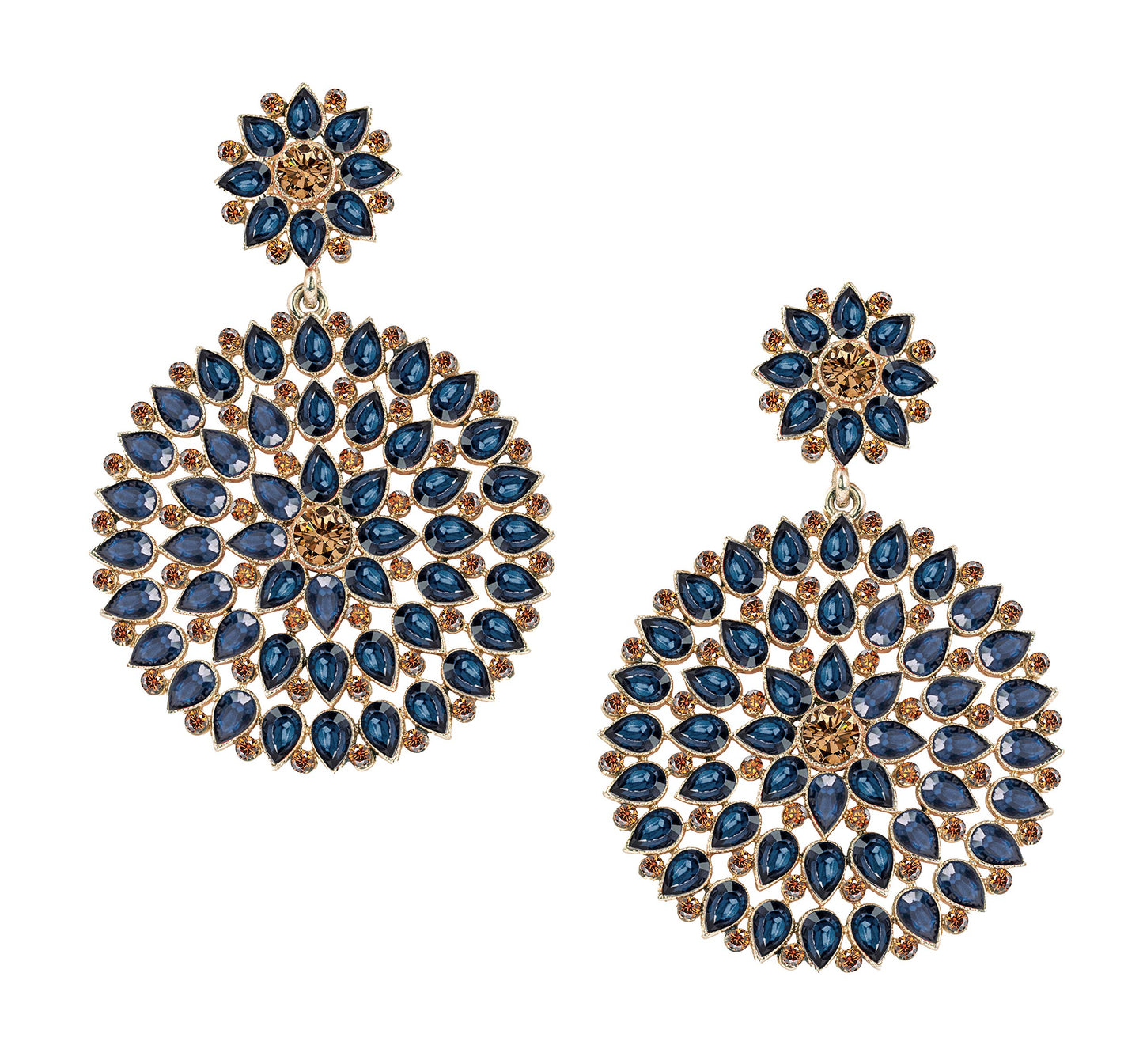 Floral Dangler Earrings – Gold-Plated with Rama Blue Stone & Diamond Accents