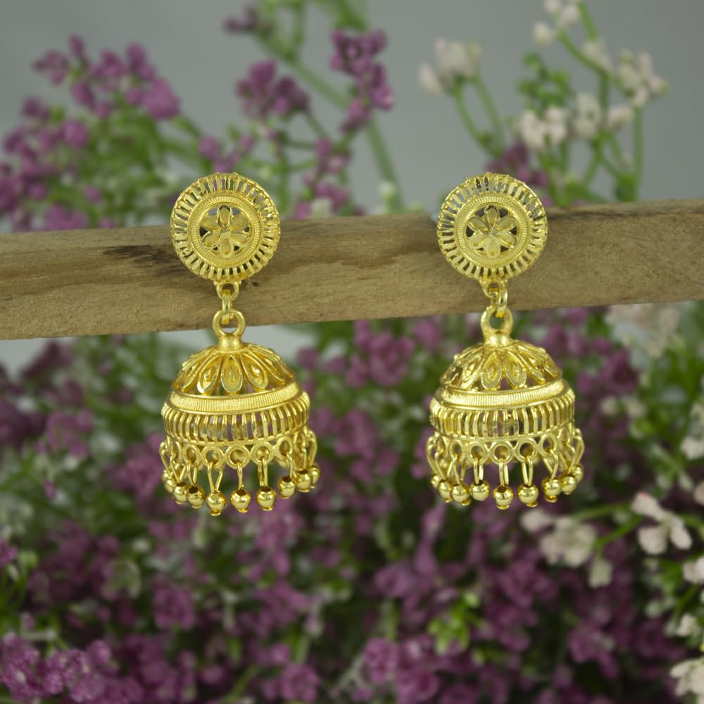 Gold-Plated Dome Temple Jhumka Earrings – Traditional Ethnic Jewelry