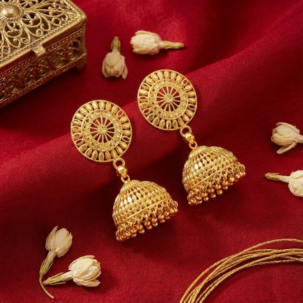 Able Gold Plated Jhumki With Gold Bead Drop Earrings .