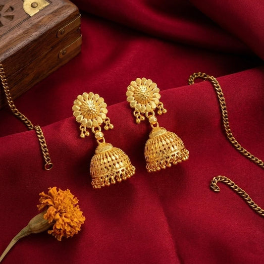 Gold Plated Jhumki With Gold Bead Drop Earrings .