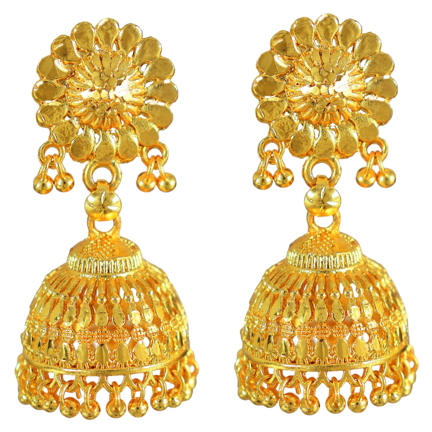 Gold Plated Jhumki With Gold Bead Drop Earrings .