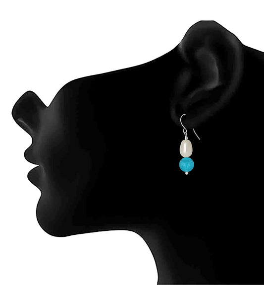 German Silver Plated Design Semi Precious Pearl Reiki Gemstone Onyx Bead Dangler Earring (Turquoise Blue)