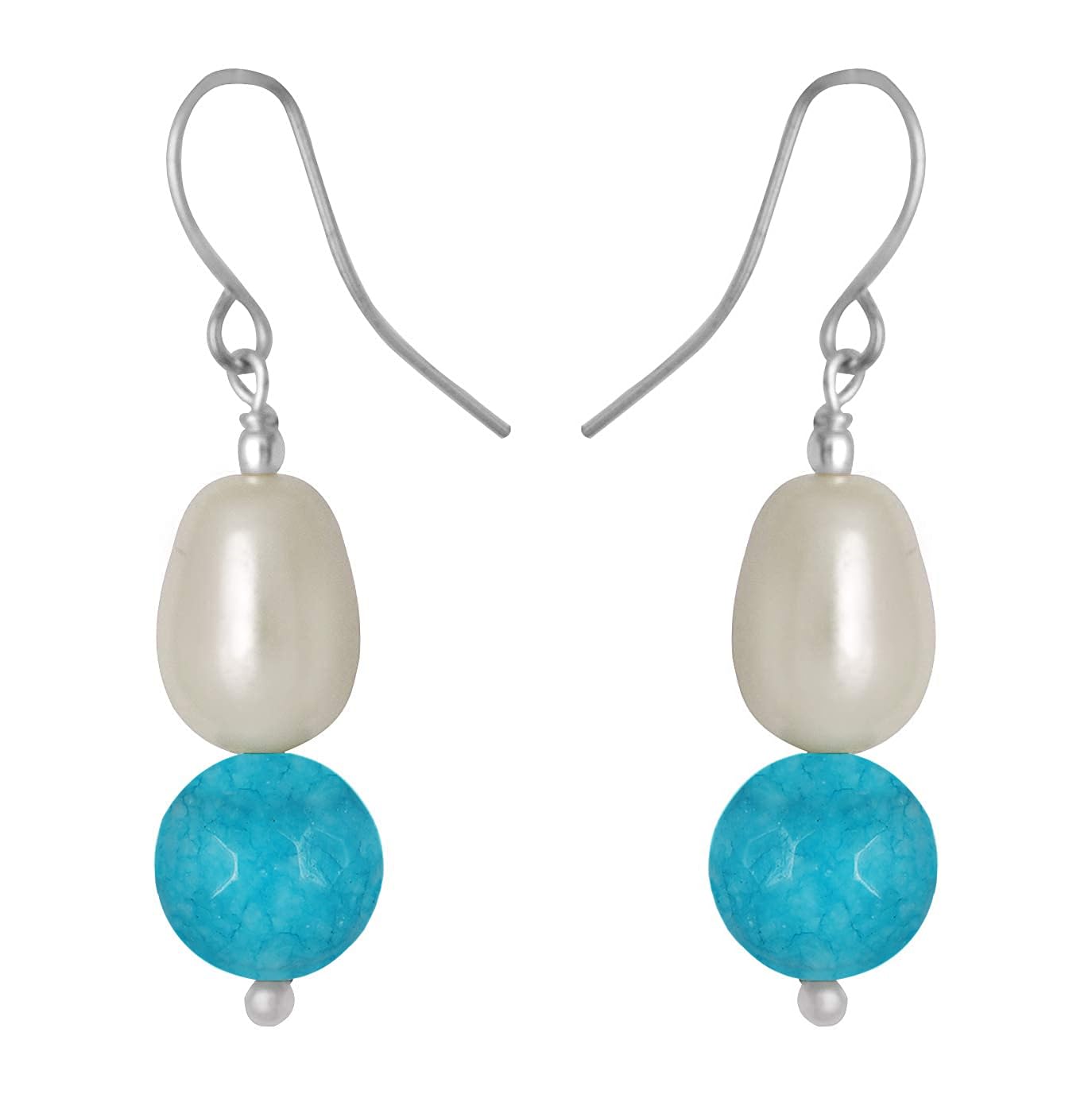 German Silver Plated Design Semi Precious Pearl Reiki Gemstone Onyx Bead Dangler Earring (Turquoise Blue)
