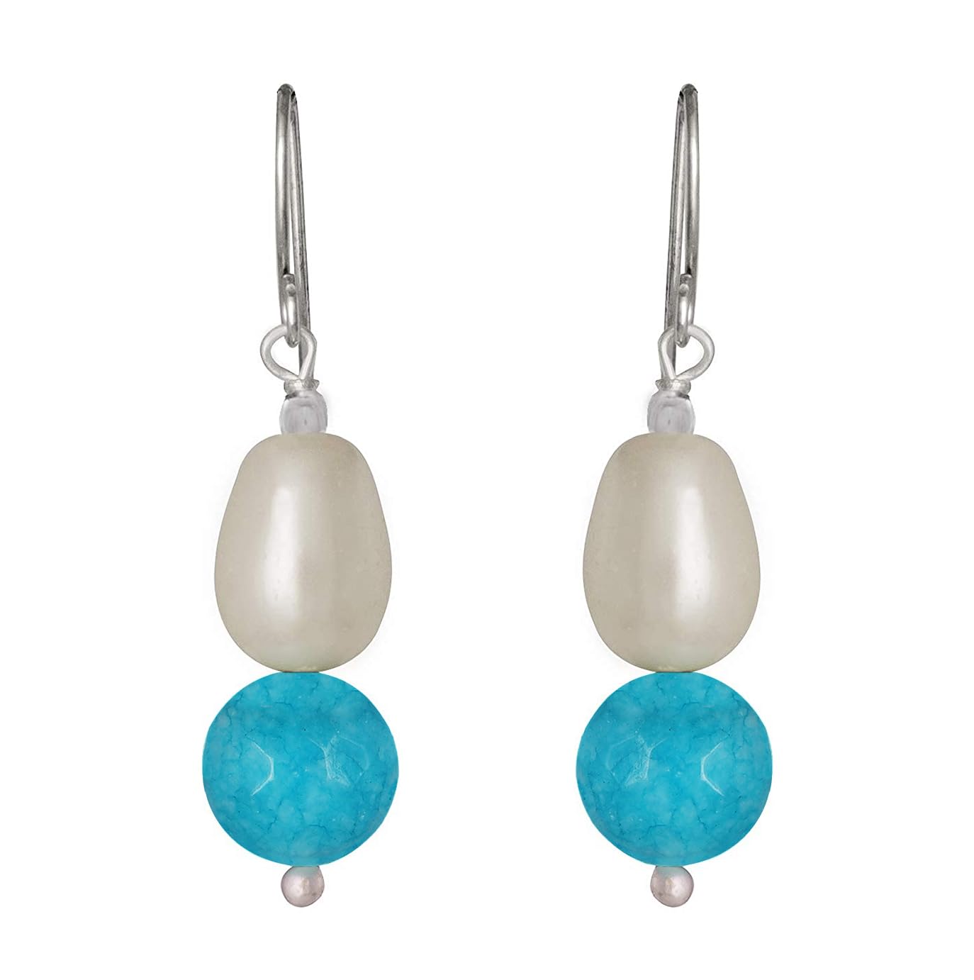 German Silver Plated Design Semi Precious Pearl Reiki Gemstone Onyx Bead Dangler Earring (Turquoise Blue)