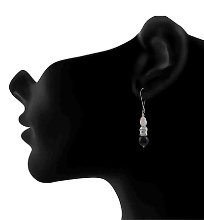 Silver Plated Buddha, Semi Precious Pearl And Black Bead Earring And Women