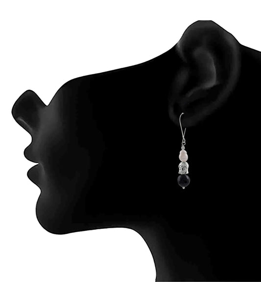 Silver Plated Buddha, Semi Precious Pearl And Black Bead Earring And Women