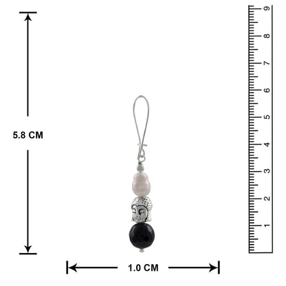 Silver Plated Buddha, Semi Precious Pearl And Black Bead Earring And Women