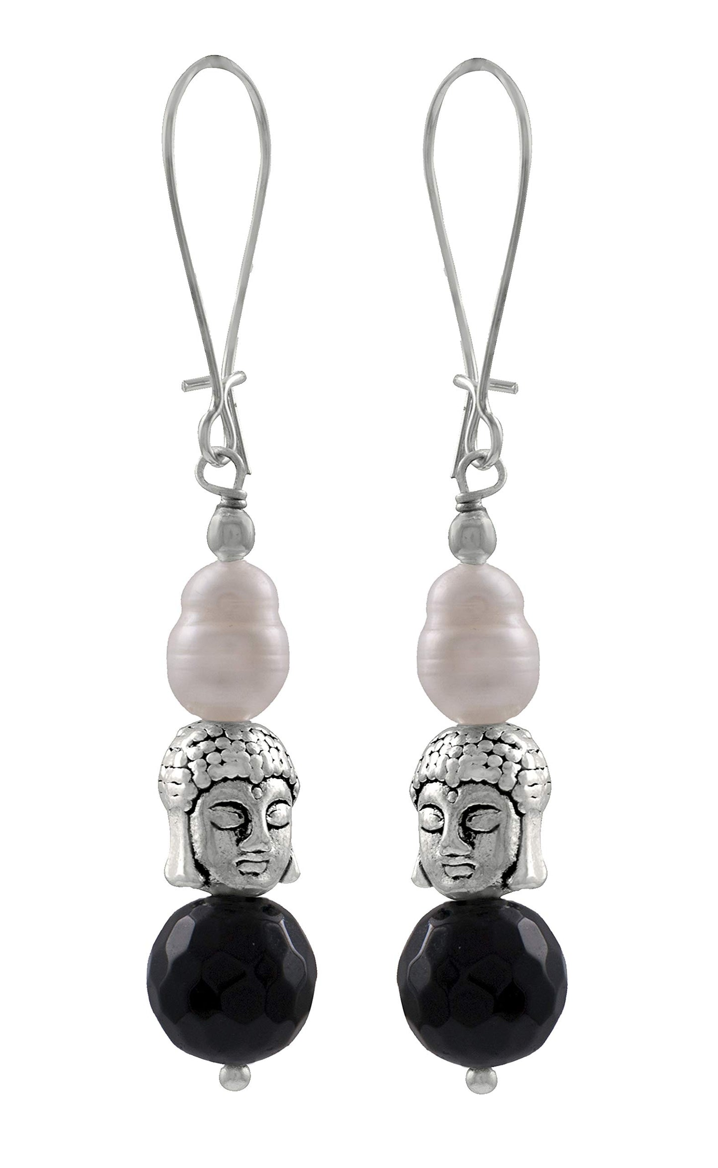 Silver Plated Buddha, Semi Precious Pearl And Black Bead Earring And Women