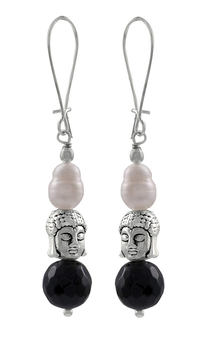 Silver Plated Buddha, Semi Precious Pearl And Black Bead Earring And Women