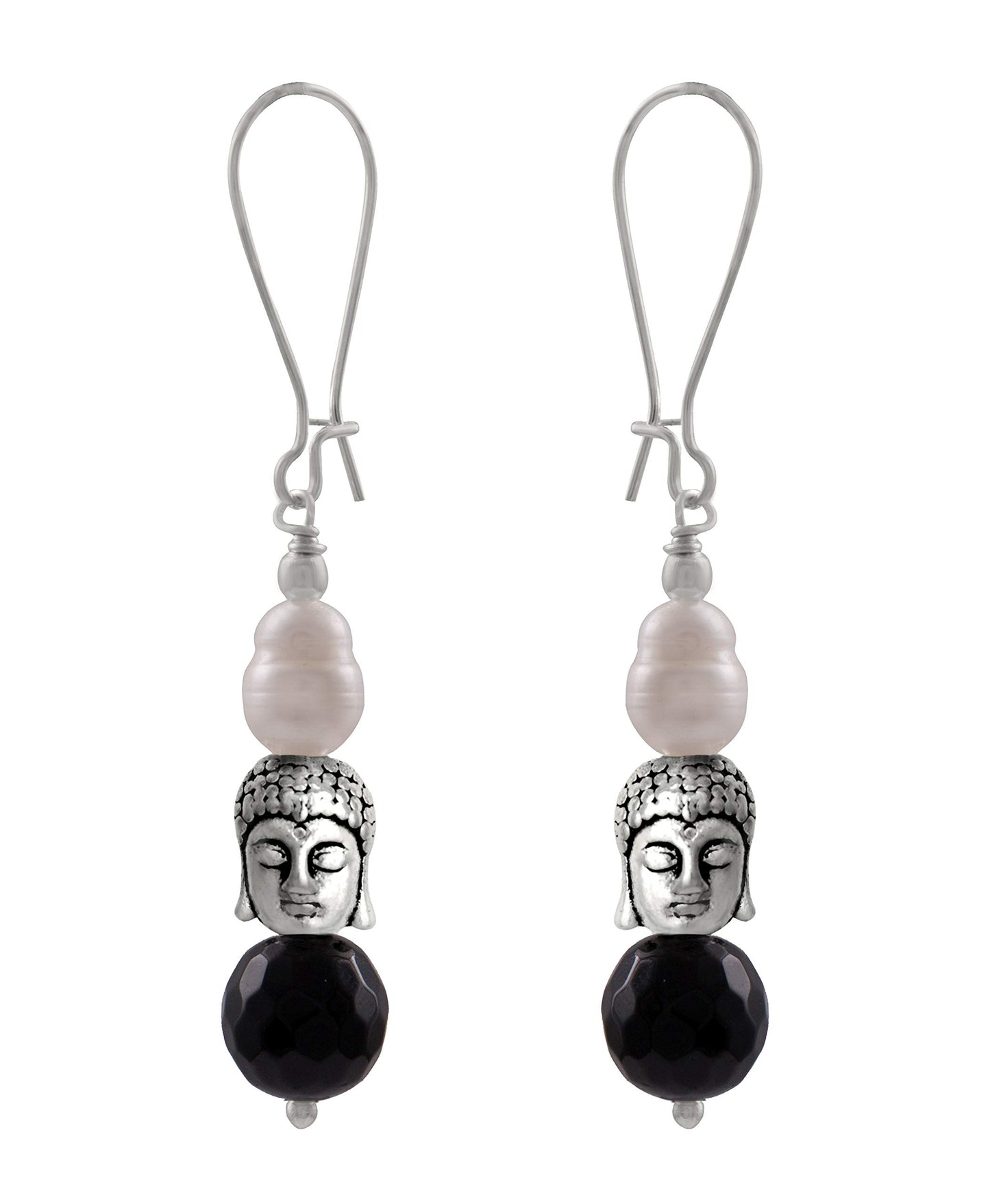 Silver Plated Buddha, Semi Precious Pearl And Black Bead Earring And Women