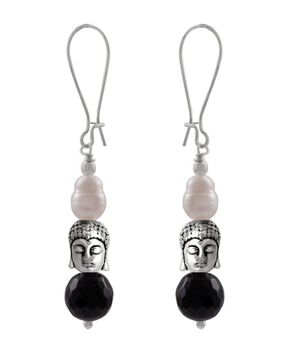 Silver Plated Buddha, Semi Precious Pearl And Black Bead Earring And Women