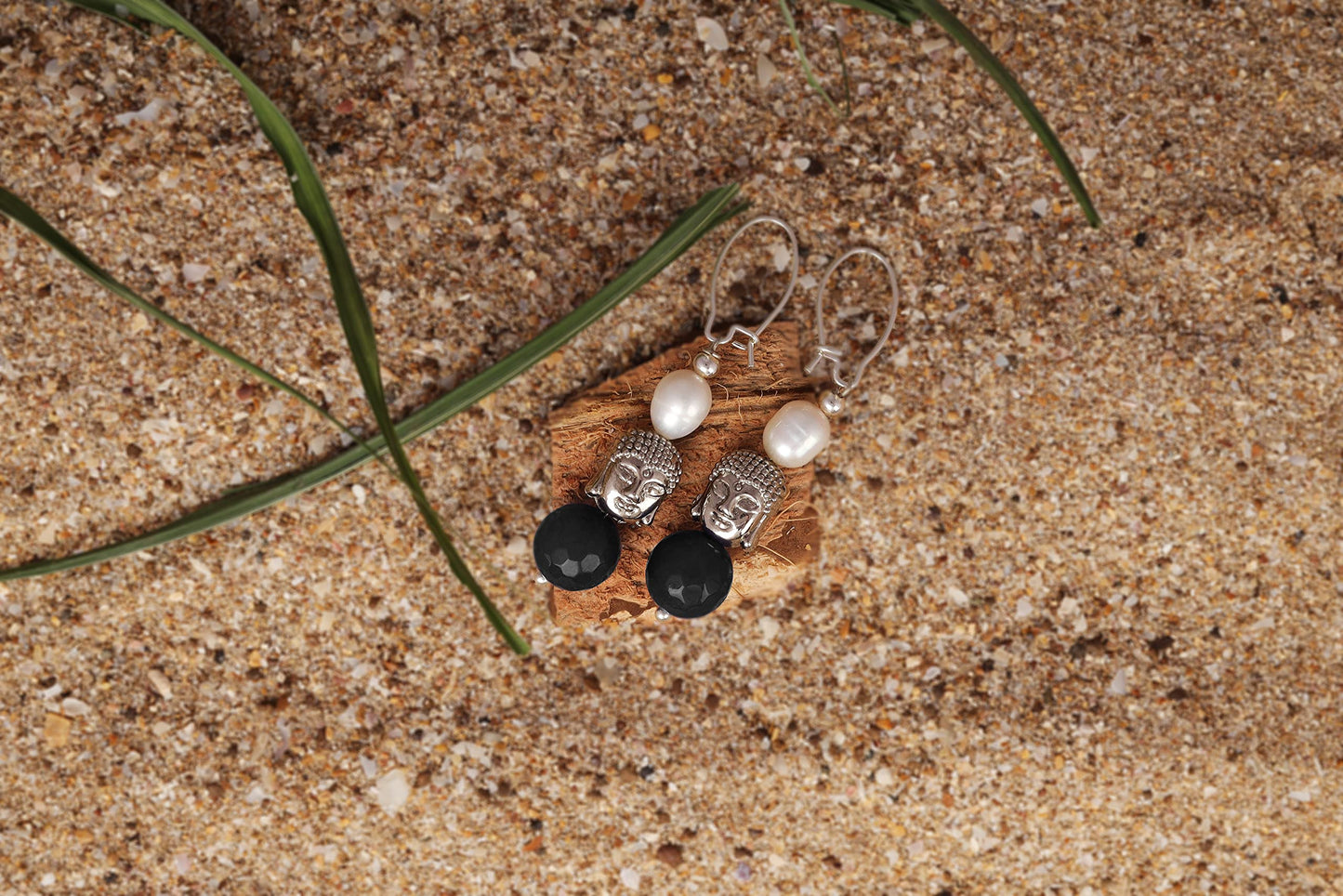 Silver Plated Buddha, Semi Precious Pearl And Black Bead Earring And Women