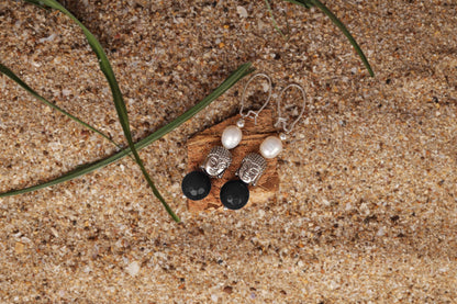 Silver Plated Buddha, Semi Precious Pearl And Black Bead Earring And Women