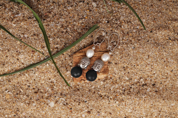 Silver Plated Buddha, Semi Precious Pearl And Black Bead Earring And Women