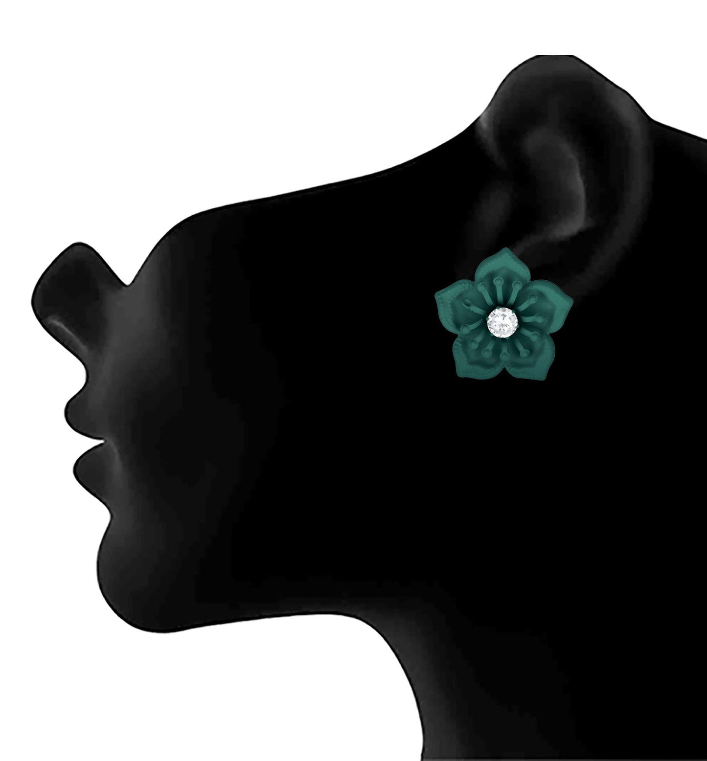 Floral Solitaire American Diamond Earrings – Green Matte Rubber Finish