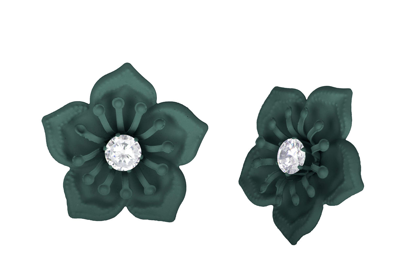 Floral Solitaire American Diamond Earrings – Green Matte Rubber Finish