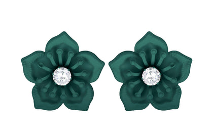 Floral Solitaire American Diamond Earrings – Green Matte Rubber Finish