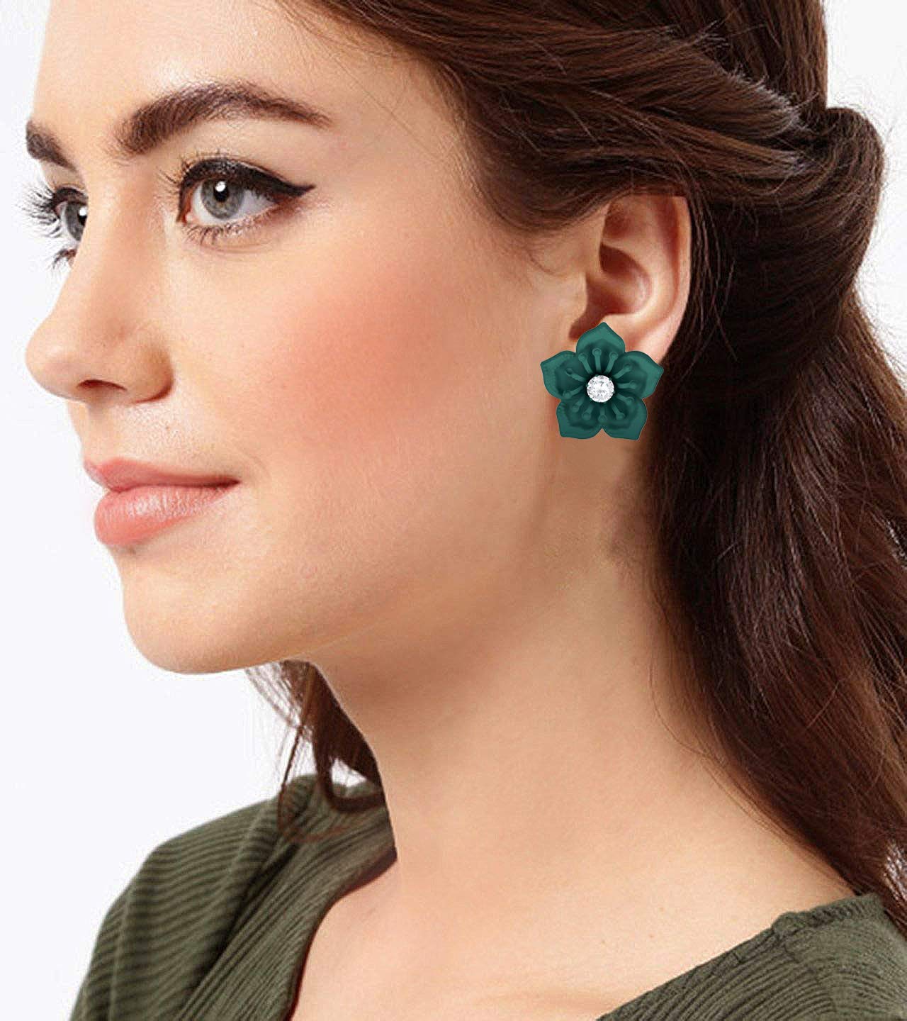Floral Solitaire American Diamond Earrings – Green Matte Rubber Finish