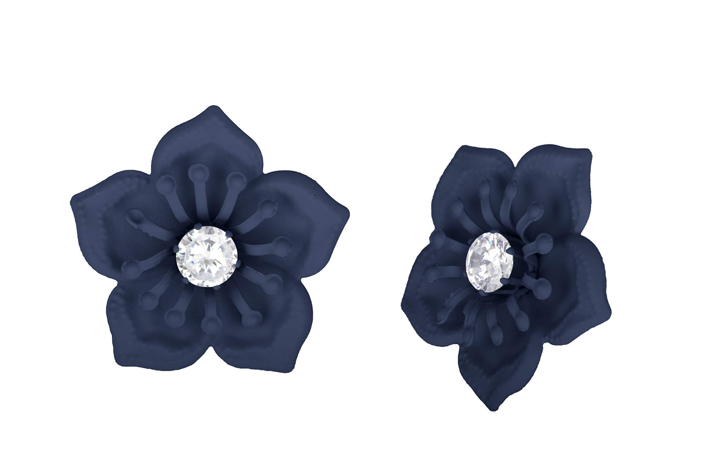 Floral Solitaire Austrian Diamond Earrings – Navy Blue Matte Rubber Finish