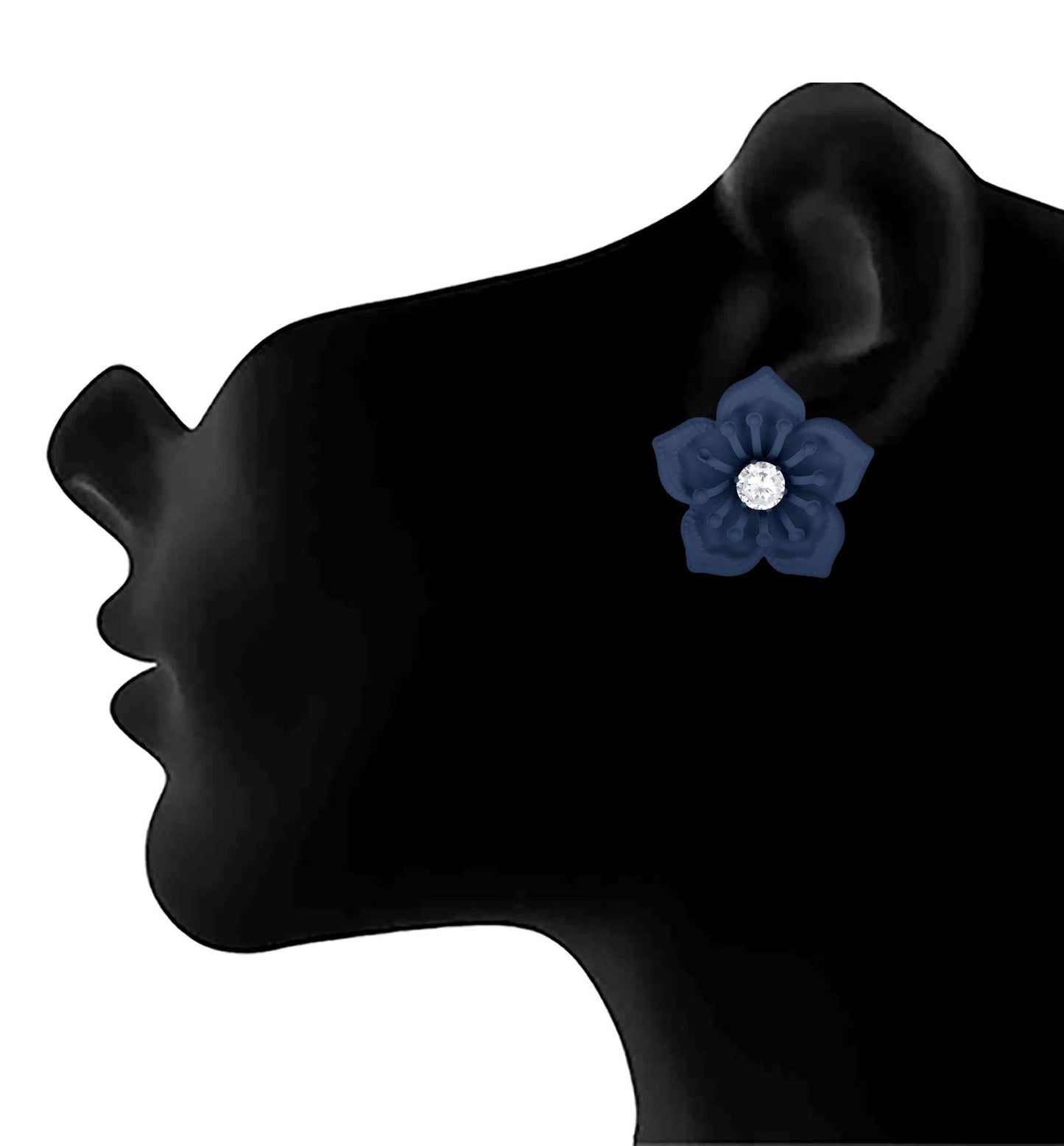 Floral Solitaire Austrian Diamond Earrings – Navy Blue Matte Rubber Finish
