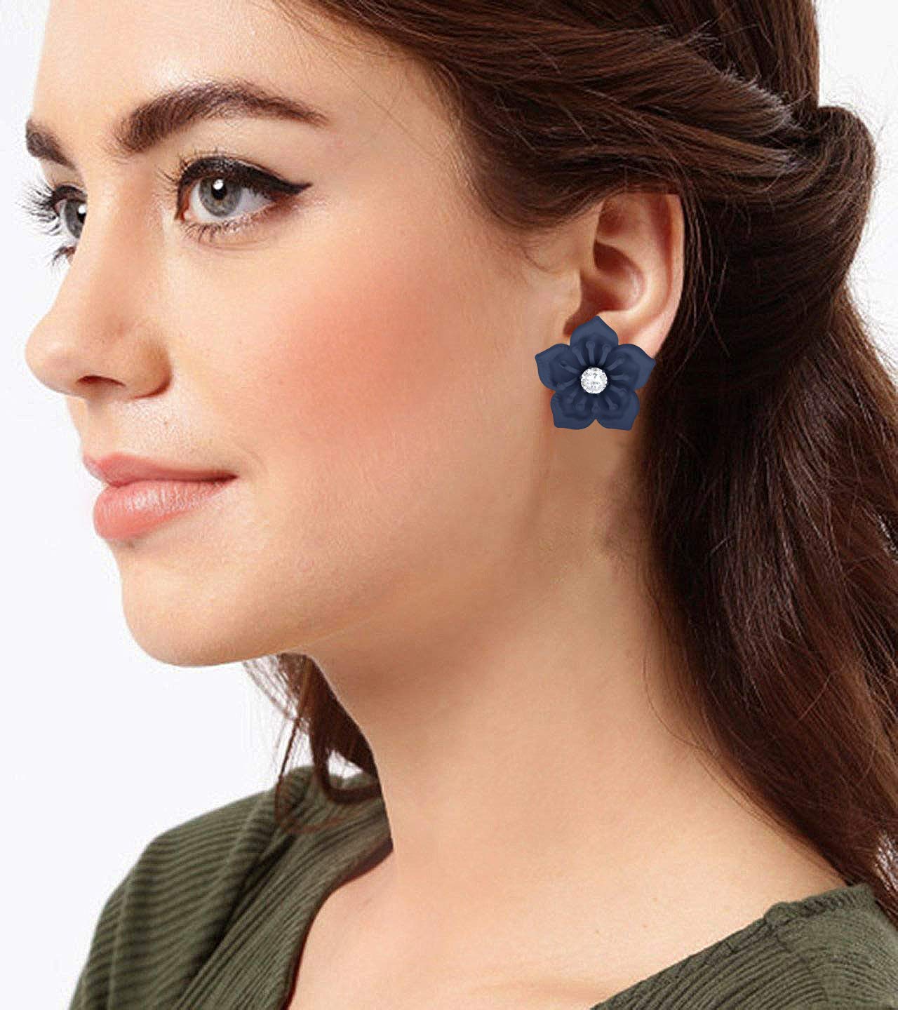 Floral Solitaire Austrian Diamond Earrings – Navy Blue Matte Rubber Finish