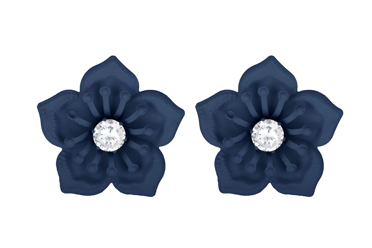 Floral Solitaire Austrian Diamond Earrings – Navy Blue Matte Rubber Finish