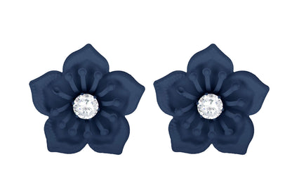 Floral Solitaire Austrian Diamond Earrings – Navy Blue Matte Rubber Finish