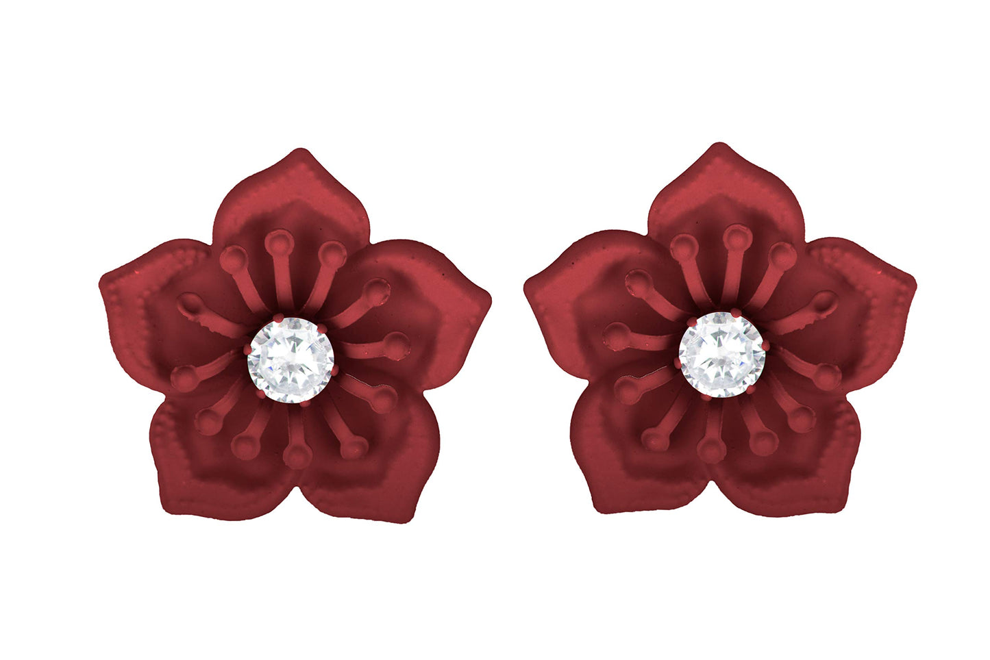 Non-Precious Metal Stainless Steel And Diamond Stud Earrings , Maroon