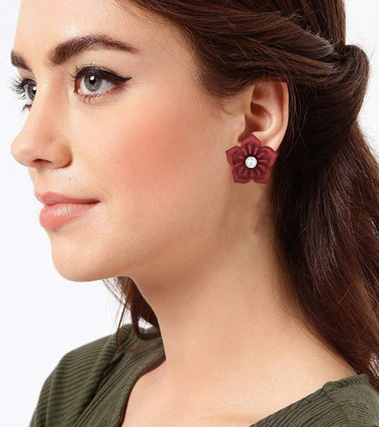 Non-Precious Metal Stainless Steel And Diamond Stud Earrings , Maroon