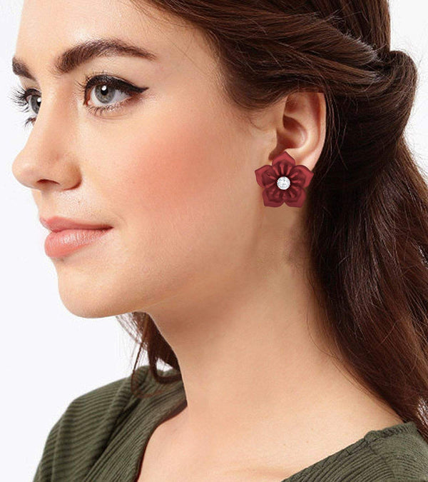 Non-Precious Metal Stainless Steel And Diamond Stud Earrings , Maroon