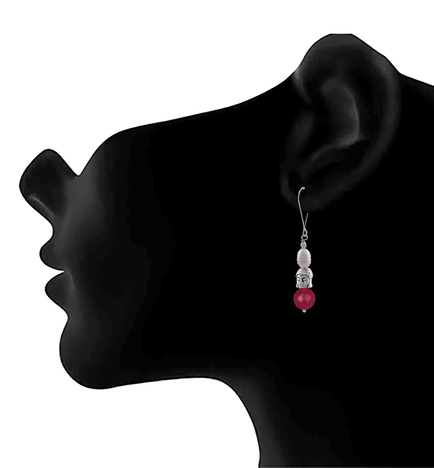 German Silver Plated Oxidised Buddha, Semi Precious Pearl And Agate Bead Earring And Women. (Ruby Red)