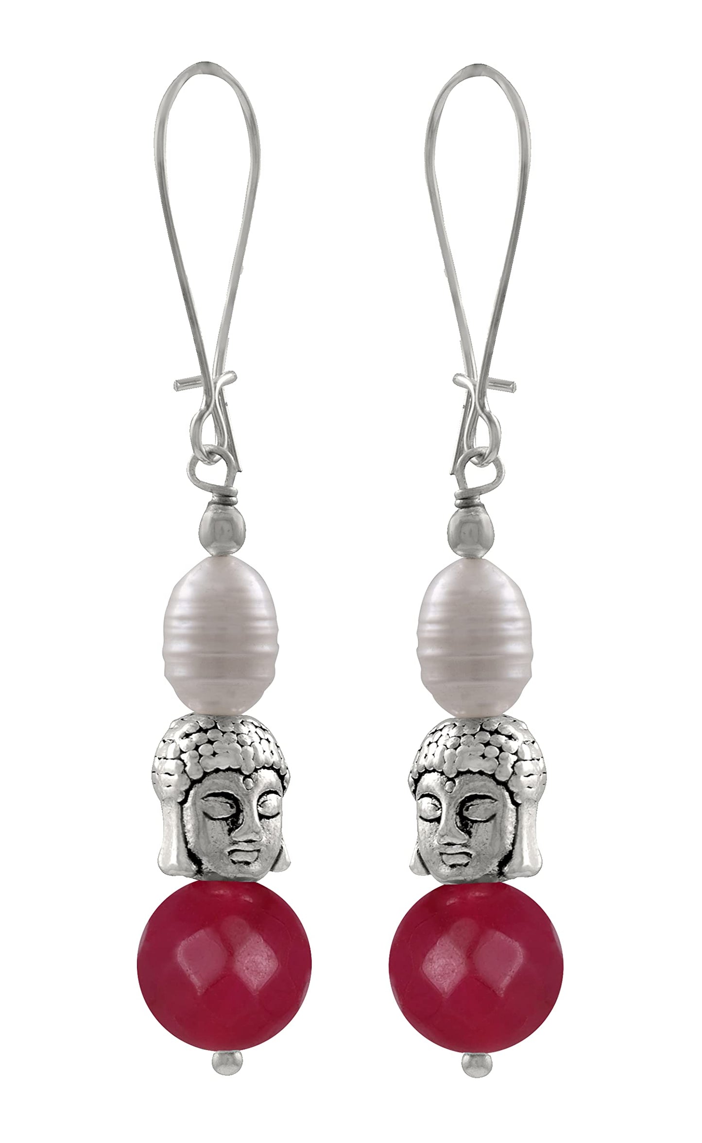 German Silver Plated Oxidised Buddha, Semi Precious Pearl And Agate Bead Earring And Women. (Ruby Red)