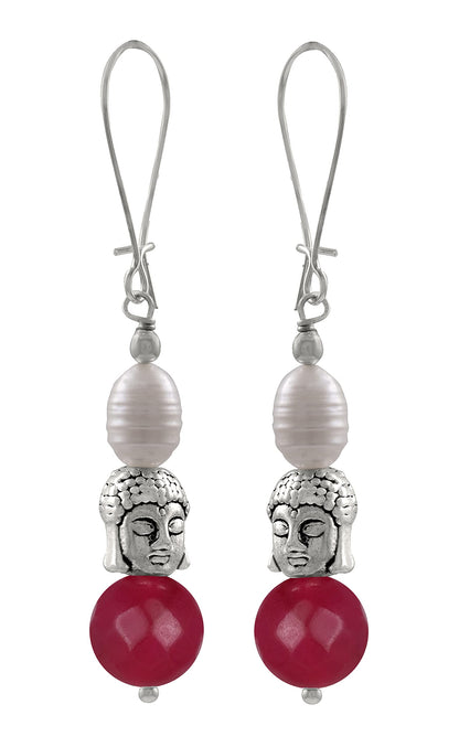 German Silver Plated Oxidised Buddha, Semi Precious Pearl And Agate Bead Earring And Women. (Ruby Red)