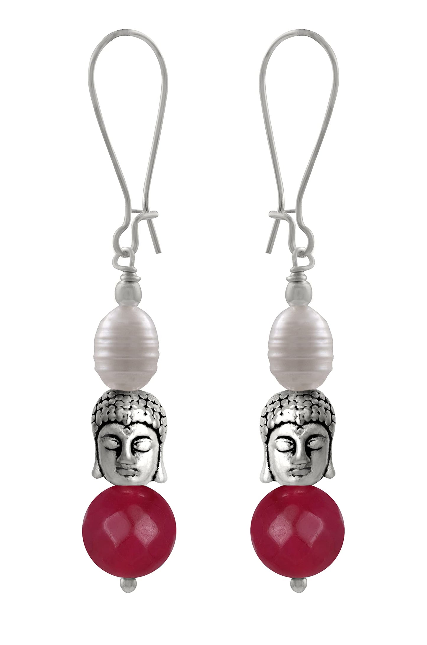 German Silver Plated Oxidised Buddha, Semi Precious Pearl And Agate Bead Earring And Women. (Ruby Red)