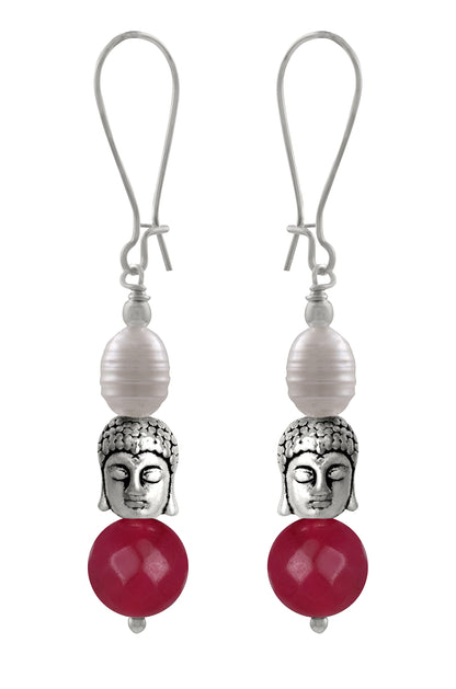 German Silver Plated Oxidised Buddha, Semi Precious Pearl And Agate Bead Earring And Women. (Ruby Red)