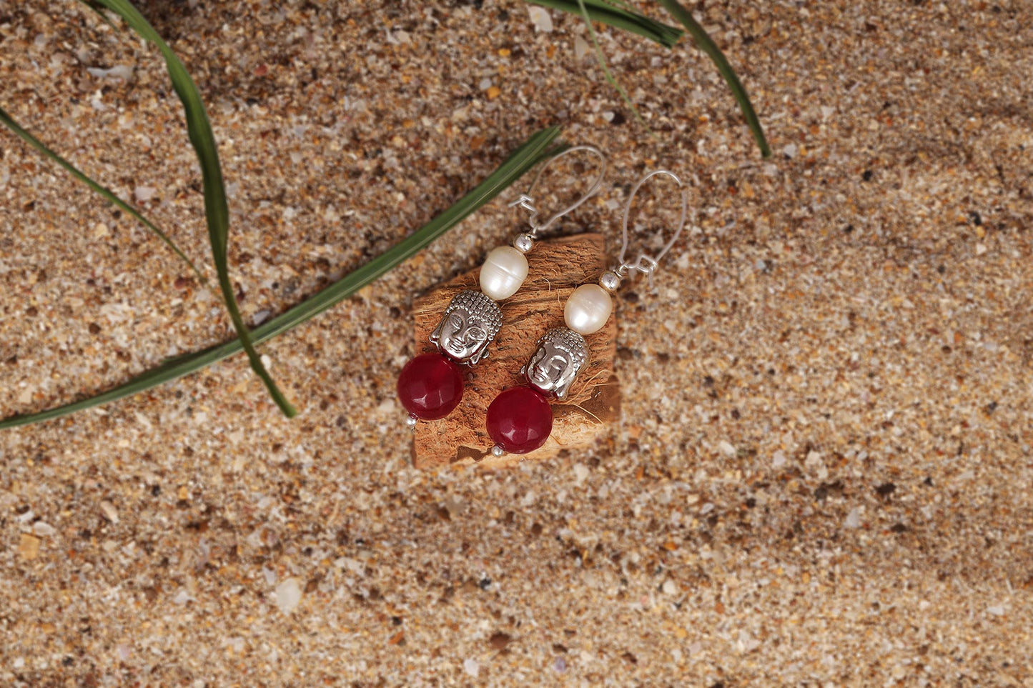 German Silver Plated Oxidised Buddha, Semi Precious Pearl And Agate Bead Earring And Women. (Ruby Red)